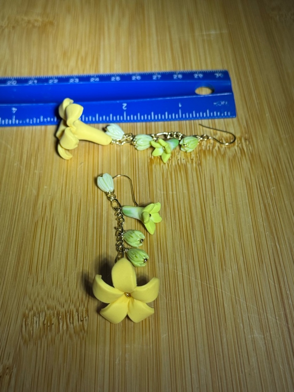 Yellow Puakenikeni, Pakalana Floral Dangle Earrings with Gold Accents.